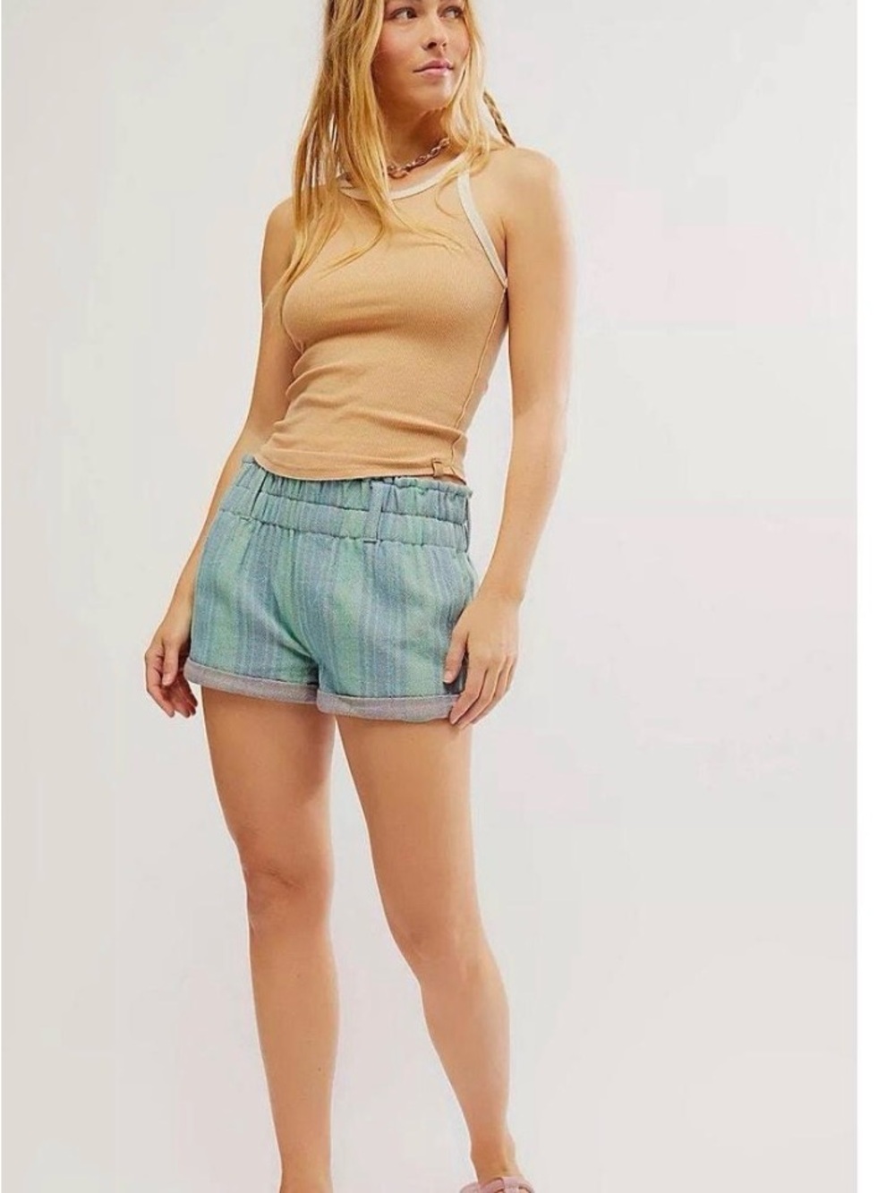 Free People Blue-Green Striped 100 Cotton Shorts size Small